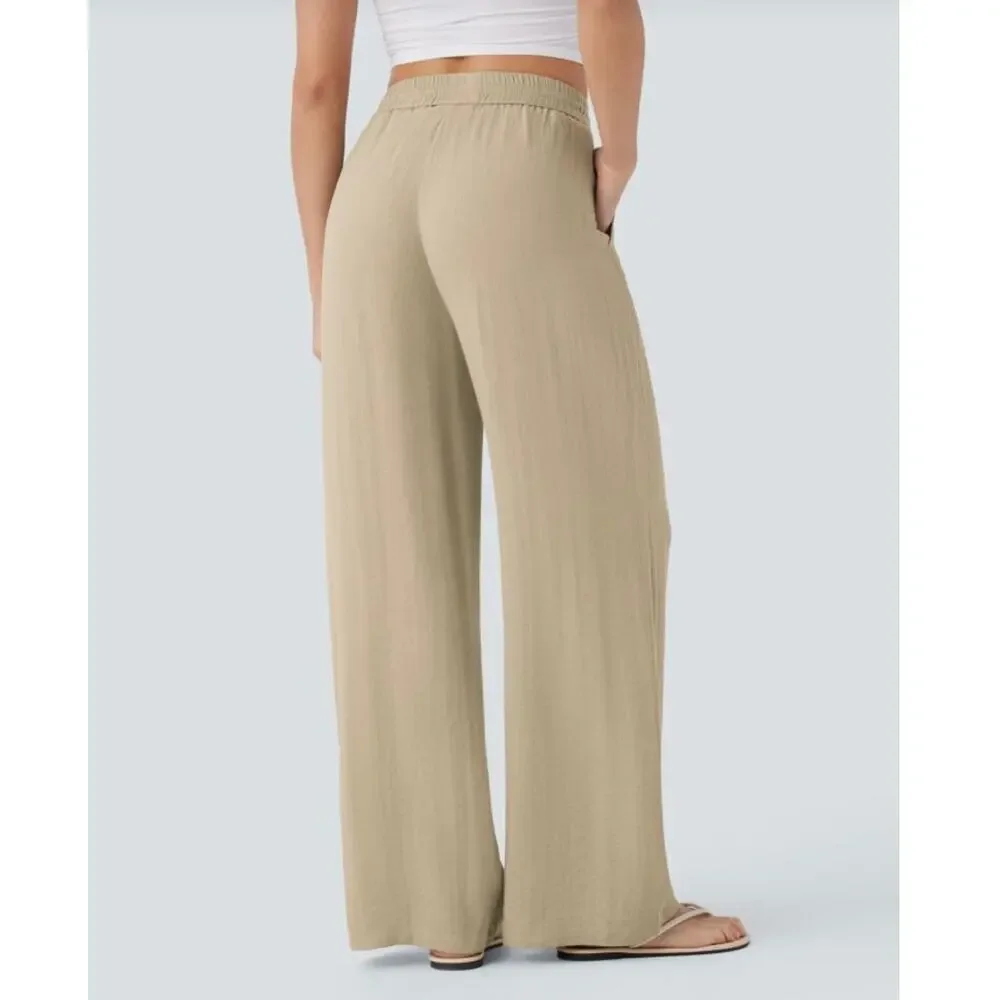 Halara Tan High Waisted Drawstring Wide Leg Baggy Linen Feel Pants Size XS